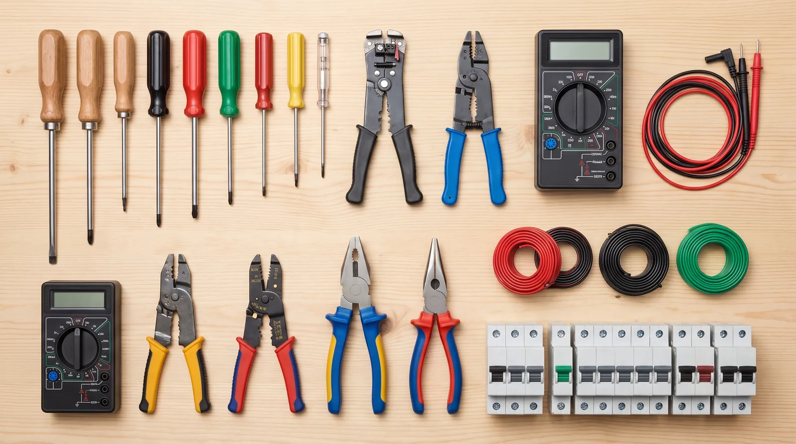 Gereedschap van een elektricien overzichtelijk uitgestald