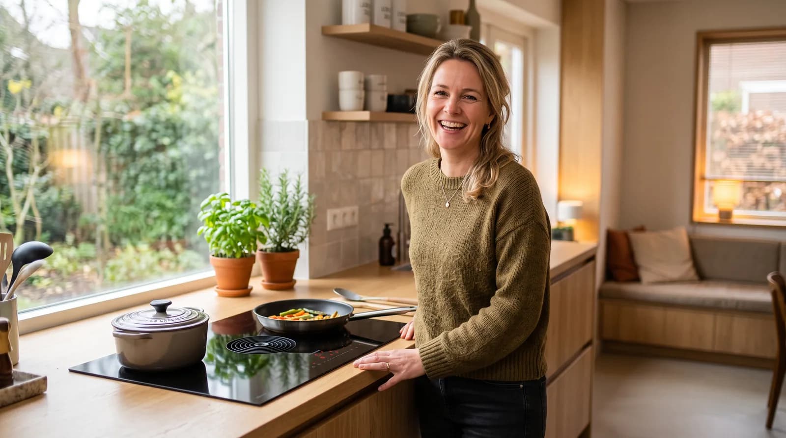 Tevreden klant in haar keuken na het aansluiten van de kookgroep